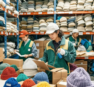 Workers in a hat manufacturing facility conducting quality inspections of knitted hats, surrounded by shelves of colorful hats and packaging materials.