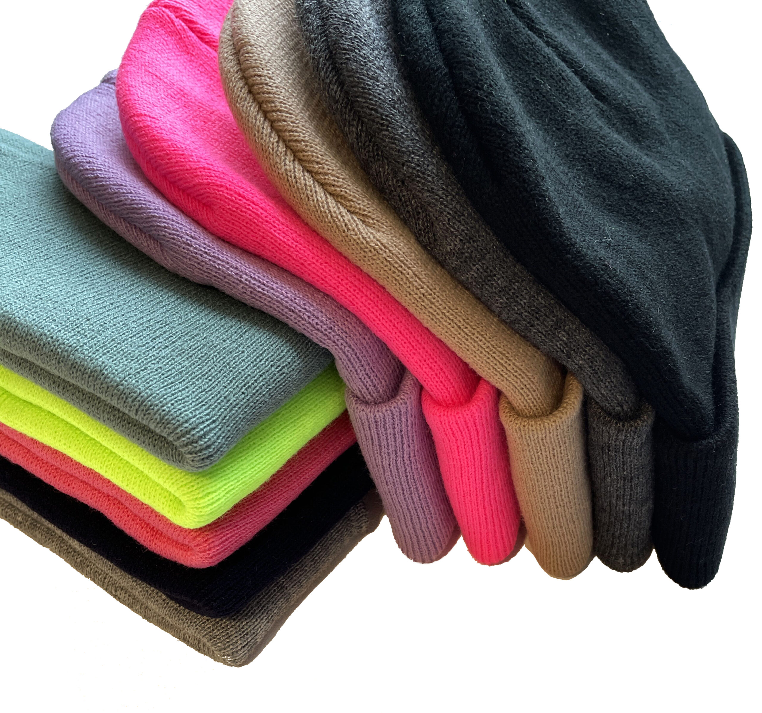 A stack of colorful knitted beanies in various shades, including black, brown, pink, green, and gray, showcasing a variety of trendy winter hat options