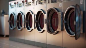 Industrial washing machines are featuring stainless steel drums, digital control panels, and a clean, organized workspace with visible plumbing and detergent supplies.